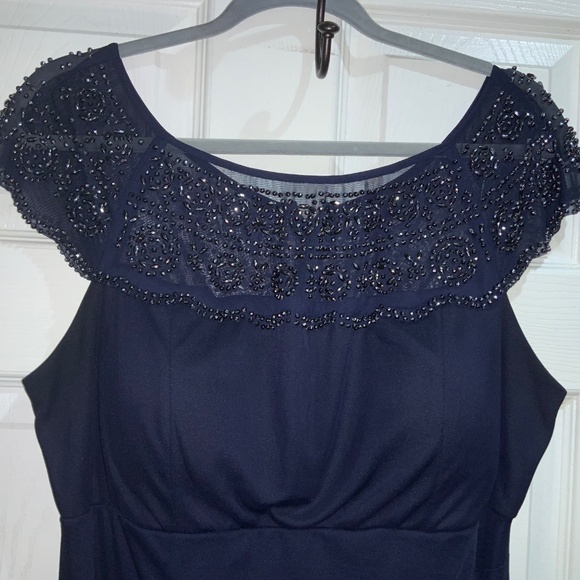 MSK navy beaded full length sleeveless formal dress Sz 14 ruching side ruffle - Picture 4 of 13